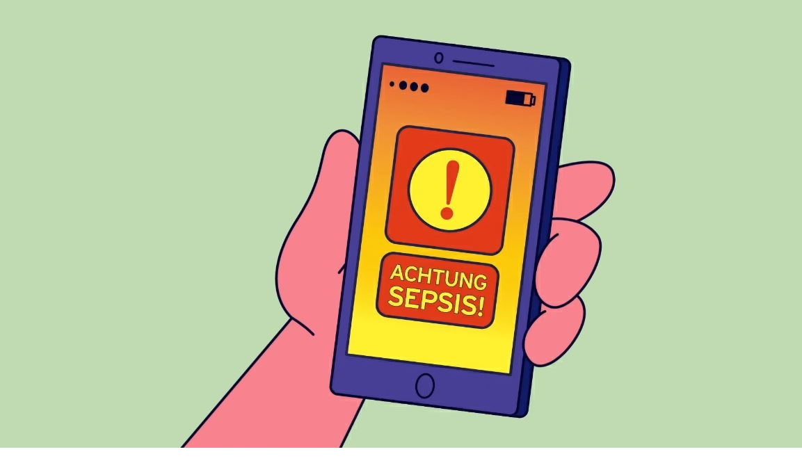 Handy mit Warnmeldung „Achtung, Sepsis!“ Eine Hand hält ein Smartphone. Auf dem Display steht: "Achtung Sepsis"