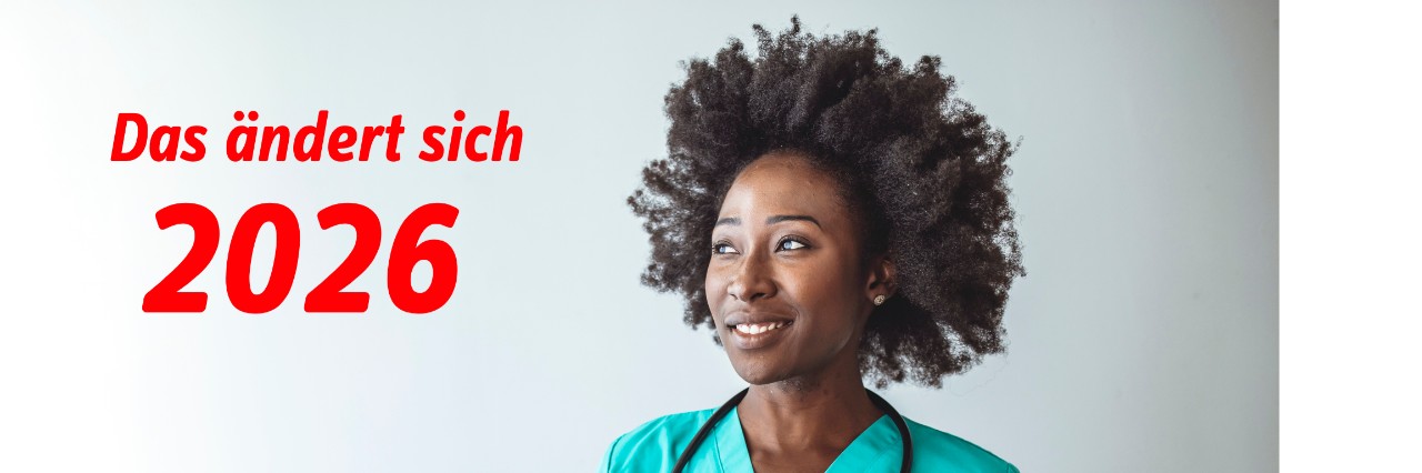 Ärztin hält digitales Tablet, Schrifzug: Das ändert sich 2026