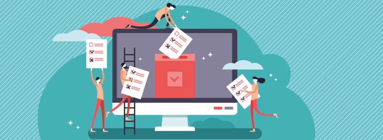 Illustration Online-Wahl: Menschen stecken Wahlzettel in Computerbildschirm Illustration Online-Wahl: Menschen stecken Wahlzettel in Computerbildschirm