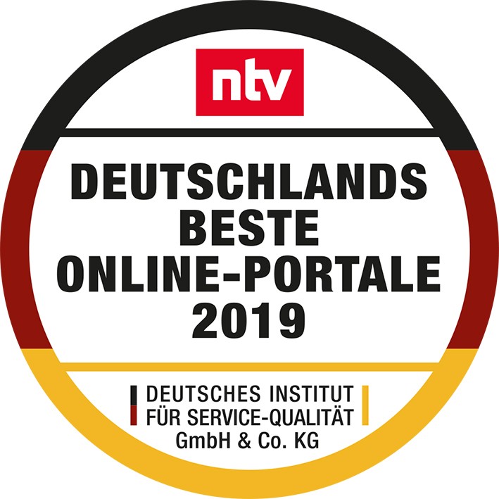 Siegel "Deutschlands beste Online-Portale 2019" von ntv/Deutsches Institut für Service-Qualität 