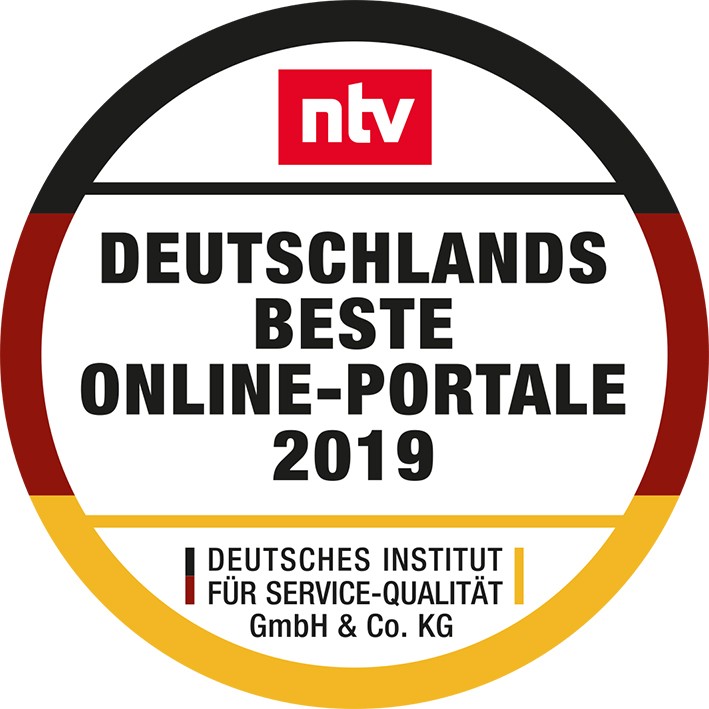 Siegel "Deutschlands beste Online-Portale 2019" von ntv/Deutsches Institut für Service-Qualität Siegel "Deutschlands beste Online-Portale 2019" von ntv/Deutsches Institut für Service-Qualität