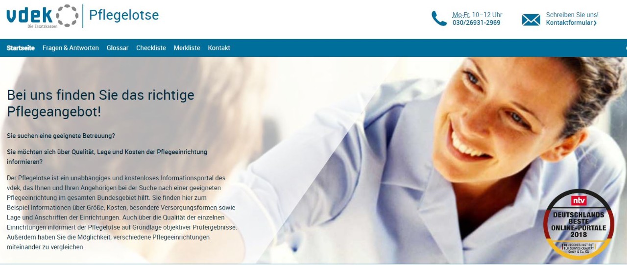 Screenshot vdek-Pflegelotse-Homepage mit ntv-Siegel "Deutschlands beste Online-Portale 2018"