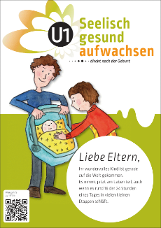 Deckblatt Merkblatt Seelisch gesund aufwachsen U1: Eltern mit Kleinkind im Kinderwagen