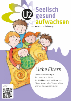 Deckblatt Merkblatt Seelisch gesund aufwachsen U2: Familie mit Kleinkind auf Decke