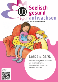 Deckblatt Merkblatt Seelisch gesund aufwachsen U3: Mutter mit zwei Kindern auf Couch