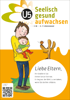 Deckblatt Merkblatt Seelisch gesund aufwachsen U5: Vater mit Kind, Hund mit Ball 