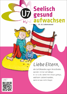 Deckblatt Merkblatt Seelisch gesund aufwachsen U7: Mutter mit Kind am Strand