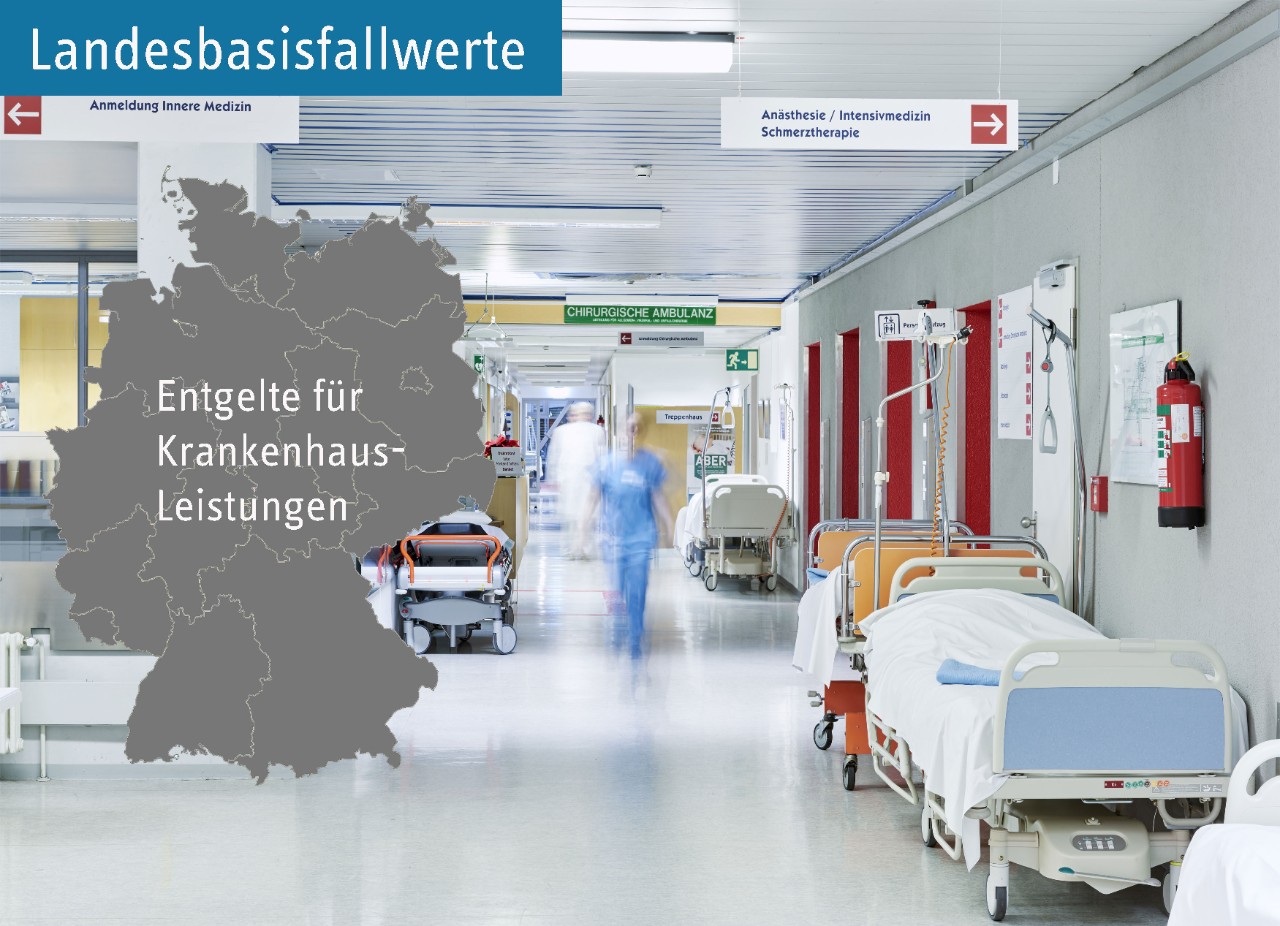 Hintergrund: Krankenhausstation, Vordergrund: Deutschlandkarte mit Bundesländern und Aufschrift "Landesbasisfallwerte - Entgelte für Krankenhaus-Leistungen"