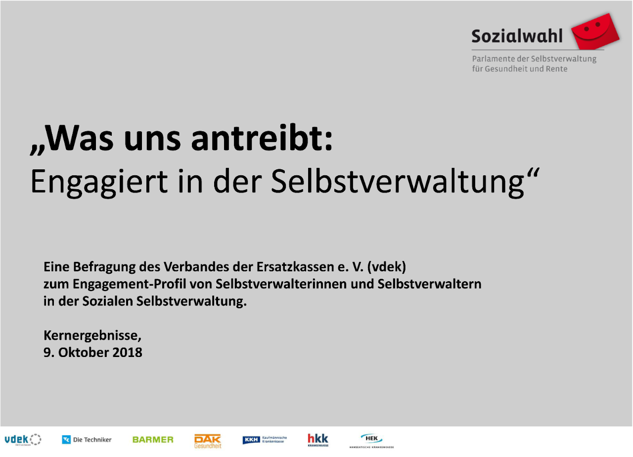 Deckblatt Studie, Titel-Aufschrift "Was uns antreibt: Engagiert in der Selbstverwaltung". © vdek