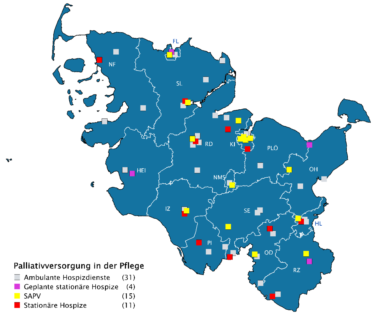 Landkarte von Schleswig-Holstein mit den Standorten der Palliativversorgung in der Pflege