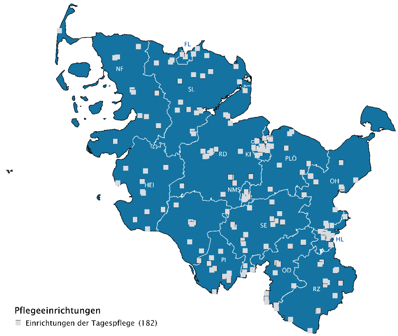 Landkarte von Schleswig-Holstein mit den Standorten der teilstationären Pflegeeinrichtungen
