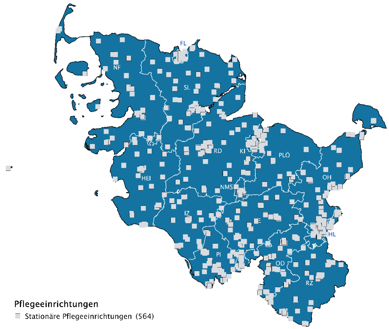 Landkarte von Schleswig-Holstein mit den Standorten der stationären Pflege