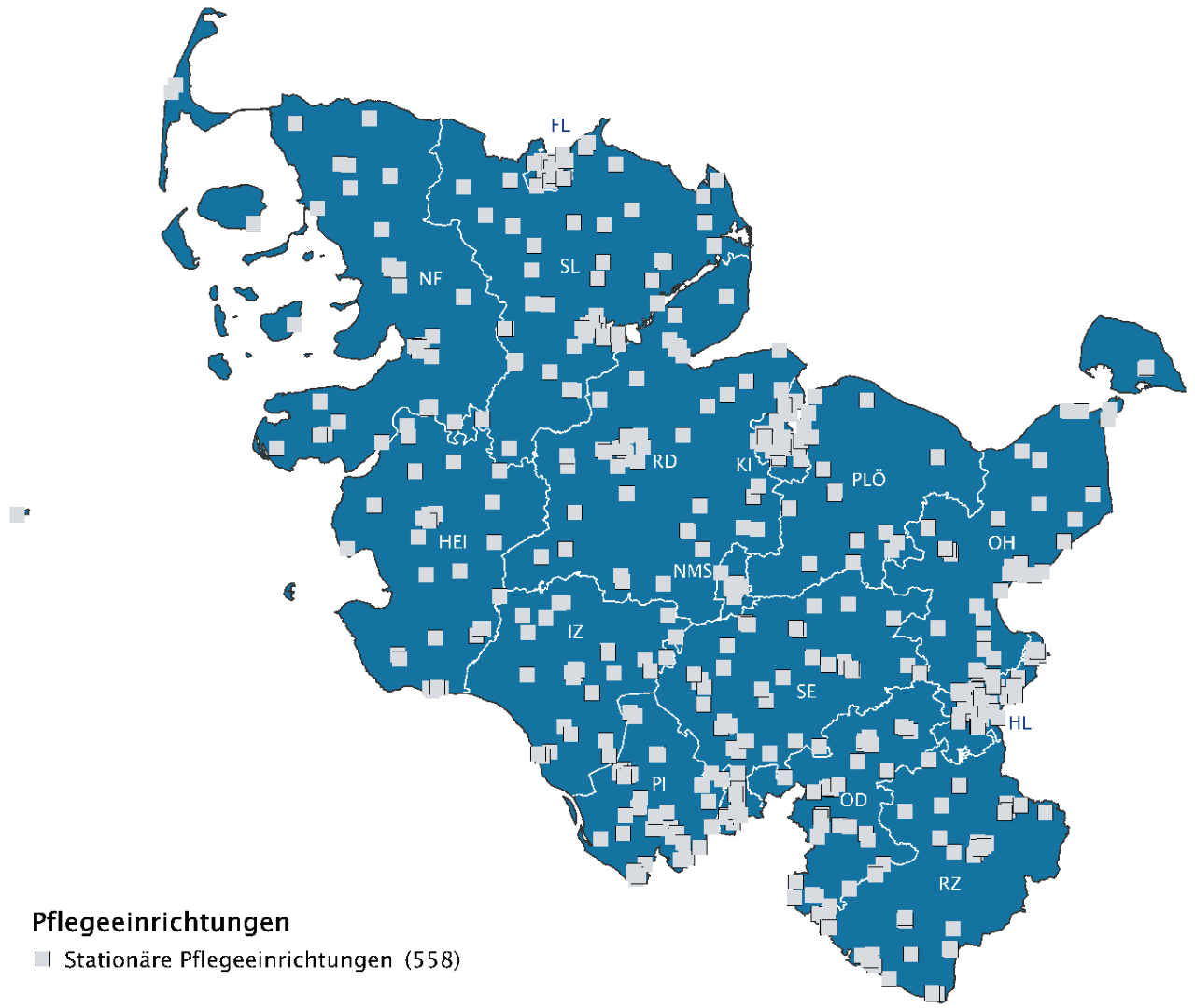 Landkarte von Schleswig-Holstein mit den Standorten der stationären Pflege Landkarte von Schleswig-Holstein mit den Standorten der stationären Pflege