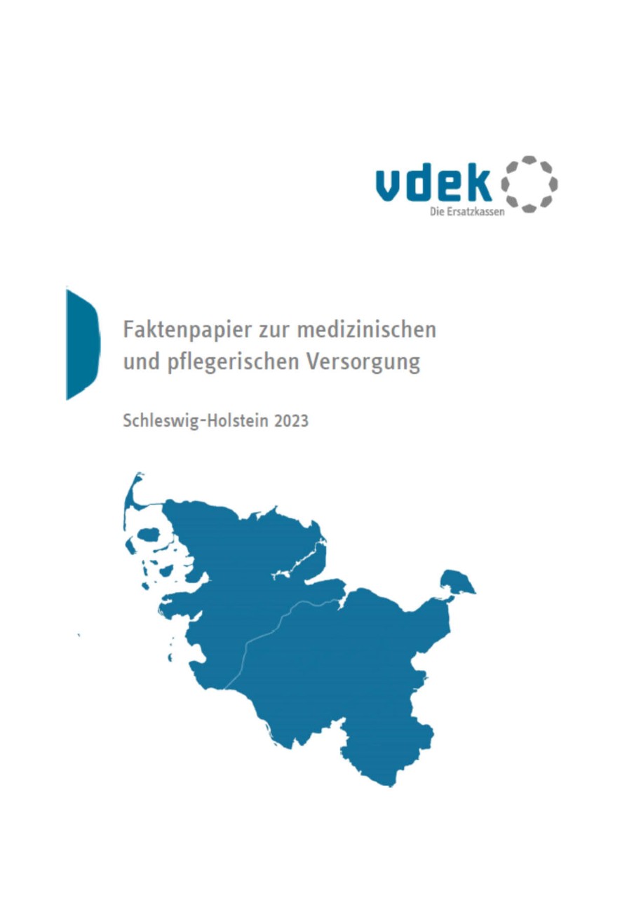 Titelseite einer Broschüre mit dem vdek-Logo und einer blau eingefärbten Landkarte von Schleswig-Holstein