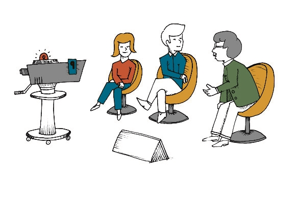 Die Illustration zeigt drei diskutierende Politiker in einem Fernsehstudio. Die Illustration zeigt drei diskutierende Politiker in einem Fernsehstudio.