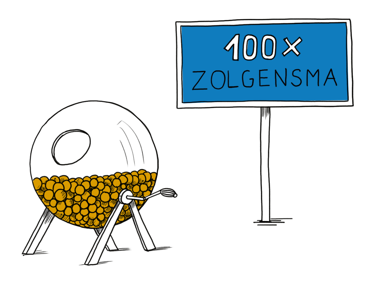 Eine Lostrommel, daneben ein Schild mit der Aufschrift 100x Zolgensma Eine Lostrommel, daneben ein Schild mit der Aufschrift 100x Zolgensma