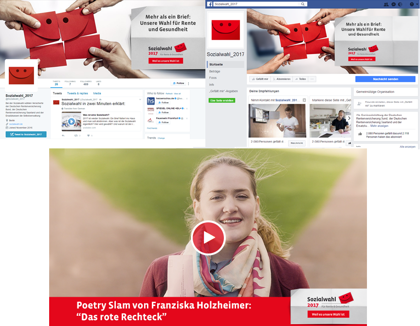 Screenshot-Collage von der Sozialwahl 2017 auf Twitter, Facebook und YouTube Screenshot-Collage von der Sozialwahl 2017 auf Twitter, Facebook und YouTube