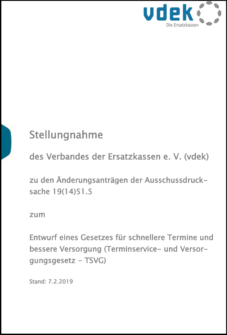Cover vdek-Stellungnahme 2. TSVG-Anhörung