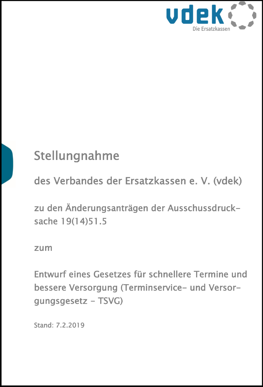 Cover vdek-Stellungnahme 2. TSVG-Anhörung Cover vdek-Stellungnahme 2. TSVG-Anhörung