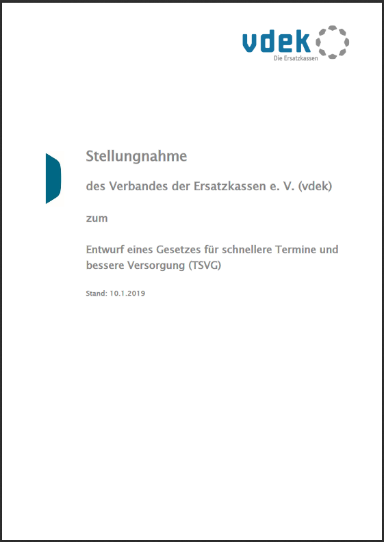 Cover vdek-Stellungnahme zum Kabinettsentwurf eines Gesetzes für schnellere Termine und bessere Versorgung (TSVG)