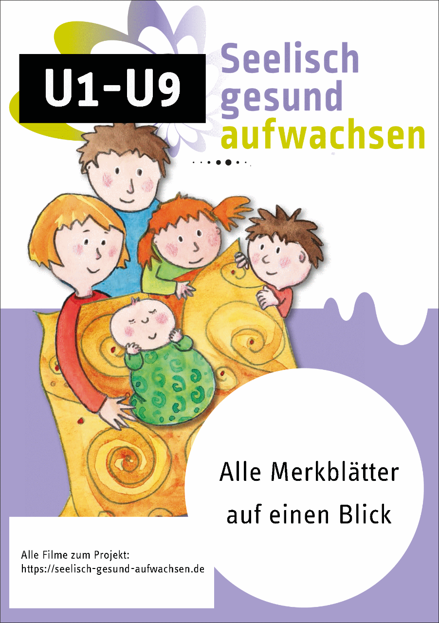 Deckblatt Merkblatt Seelisch gesund aufwachsen U1-U9: Familie mit Kleinkind auf Decke
